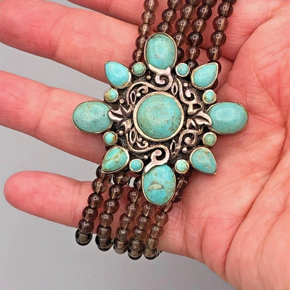 Barse Sterling Silver Turquoise Bracelet Beaded Smoky Quartz 7.5